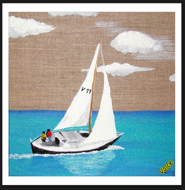 voilier blanc, peinture sur lin, mer turquoise, acrylique